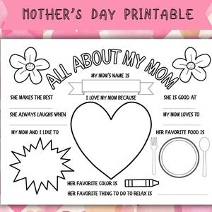 Tudo sobre minha mãe para imprimir para crianças – Página de atividades para o Dia das Mães – Preencha e pinte – Presente de lembrança da criança – Download instantâneo