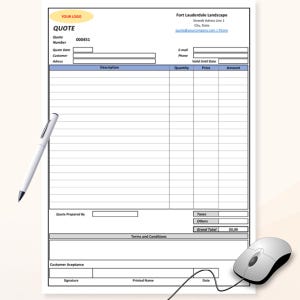 Könnte beinhalten: Ein weißes Angebotsformular mit dem Text "QUOTE" und "Fort Lauderdale Landscape". Ein Stift und eine Computermaus befinden sich an der Seite. Das Formular enthält Felder für Beschreibung, Menge, Preis und Betrag.
