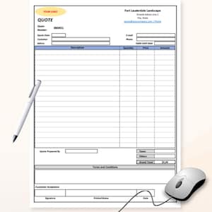 May include: A quote form with the text "QUOTE" and "YOUR LOGO" at the top. The form includes fields for customer information, a description section, and a grand total. A pen and computer mouse are also in the image.