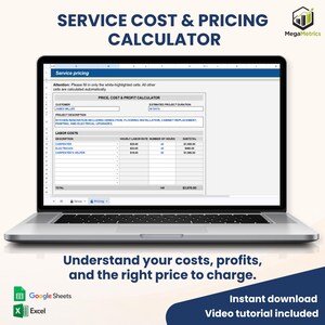 Pode incluir: Uma tela de laptop exibindo uma planilha de calculadora de custos e preços de serviços. A interface inclui campos para nome do cliente, duração do projeto, descrição e custos de mão de obra com taxas horárias e subtotais.