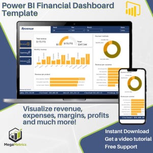 May include: A laptop and smartphone display a Power BI financial dashboard template. The screen shows revenue, expenses, and profit data with charts and graphs. The image includes the text "Visualize revenue, expenses, margins, profits and much more!"