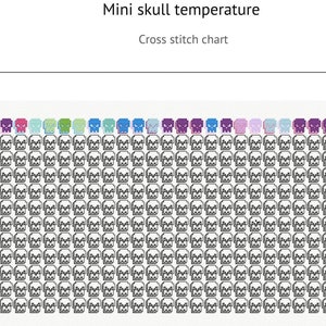 May include: Cross stitch chart for a mini skull temperature design. The chart features a colour key with 12 different colours and a grid of 10 rows and 15 columns of skull icons. The skulls are outlined in black and filled with different colours.