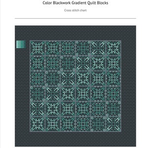 May include: Cross stitch chart for a quilt block pattern. The chart features a gradient of teal and green colours in a blackwork design.