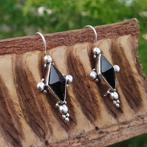 Handmade Oxidized Sterling Silver Black Onyx Earrings: Vintage Gemstone Jewelry