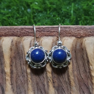 Natural Lapis Lazuli Dangle Earrings For Her Anniversary Gift-925 Sterling Silver Boho Drop Earrings For Women-Vintage Gemstone Earrings