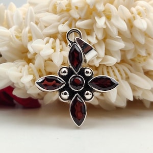 Garnet Cross Pendant: Handmade Sterling Silver Floral Necklace