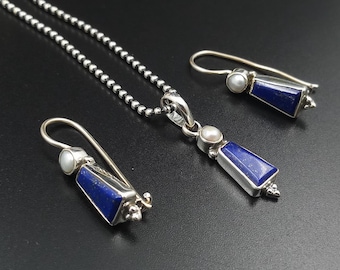 Lapis Lazuli & Perlen Schmuck Set: Oxidierte Sterling Silber Anhänger Ohrringe