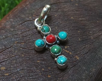 Natural Coral/Turquoise Cross Pendant For Gift Under 25-925 Sterling Silver Oxidized Pendant-Vintage Gemstone Cross Pendant Necklace For Her