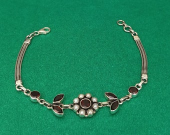 Pulsera de perlas blancas naturales y granates para su aniversario, pulsera de cadena vintage oxidada de plata de ley 925, pulsera hecha a mano para regalo