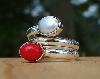 Handmade Sterling Silver Coil Ring: Red Coral & Pearl Multi Stone Band