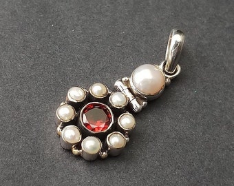 Handmade Sterling Silver Garnet Pearl Pendant: Vintage Locket Necklace
