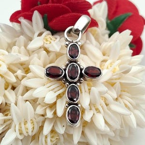 Sterling Silver Garnet Cross Pendant: Handmade Christian Necklace
