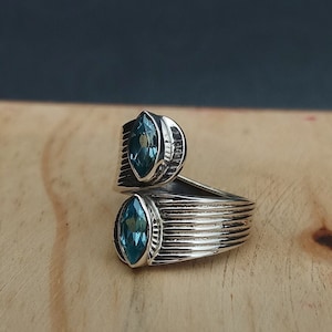 Handmade Blue Topaz Ring: Oxidized Sterling Silver Vintage Band