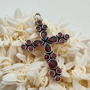 Garnet Cross Pendant: 925 Sterling Silver Christian Necklace