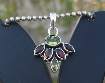 Oxidized Sterling Silver Peridot Garnet Pendant, Handmade Charm Necklace