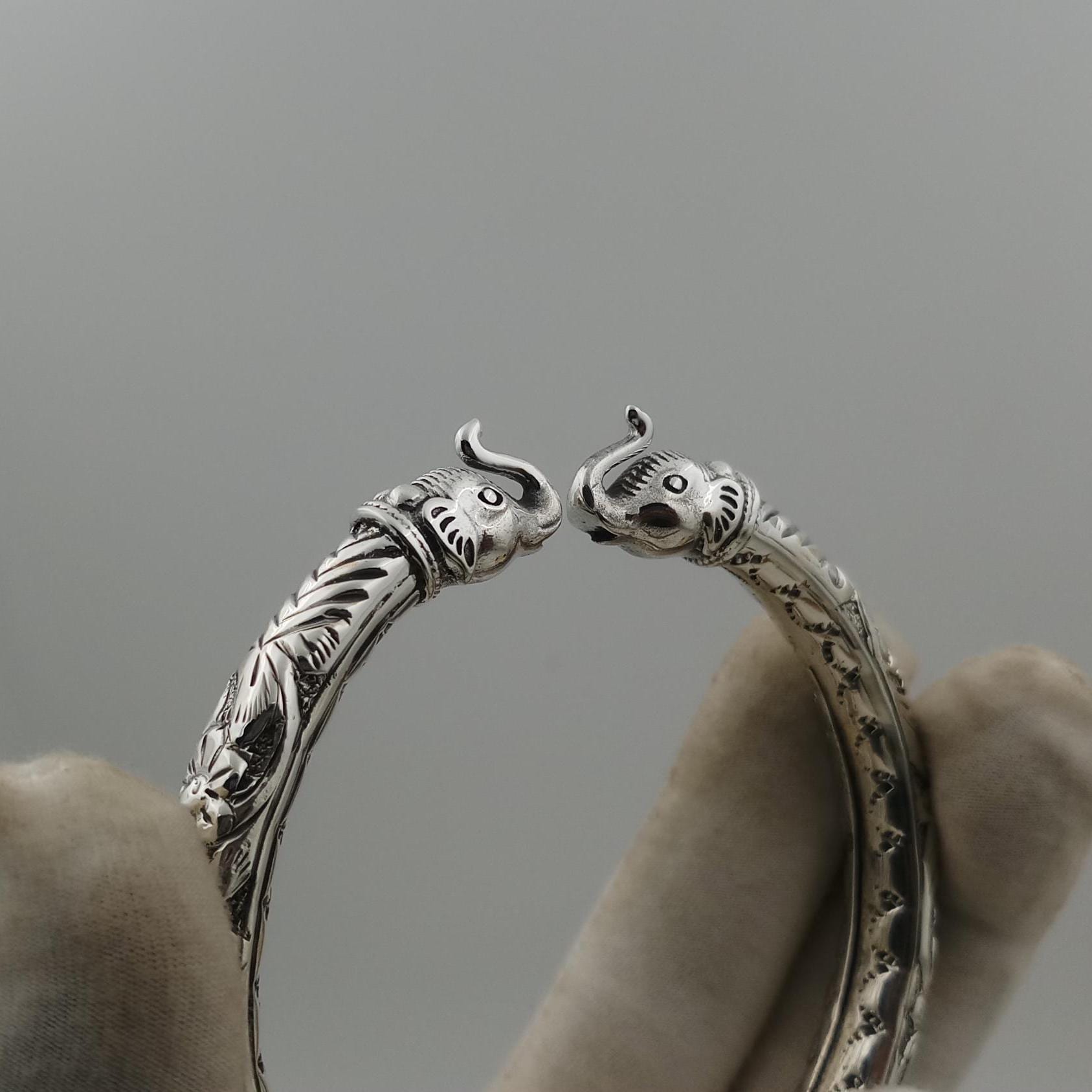 Vintage Sterling Silver Elephant Head Bangle: Adjustable Tribal