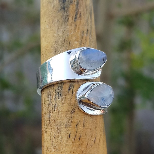 Double Moonstone Band Ring For Her-925 Sterling Silver Vintage Boho Ring-Statement Band Ring For Women-Handmade Gift For Mom-Adjustable Ring