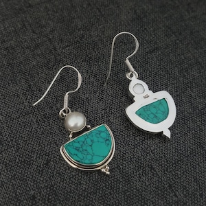 Natural Turquoise/Pearl Drop Earrings For Her Anniversary-925 Sterling Silver Vintage Oxidized Boho Stud Earring-Handmade Charm Earrings