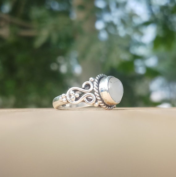 Koral Jewelry Round Moonstone Ring - 925 Sterling Silver Bohemian Vintage Ethnic Style