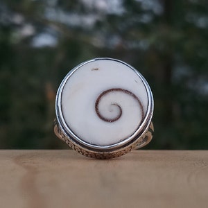 Op de afbeelding: Een zilveren ring met een witte schelp inlay met een bruin spiraalpatroon.