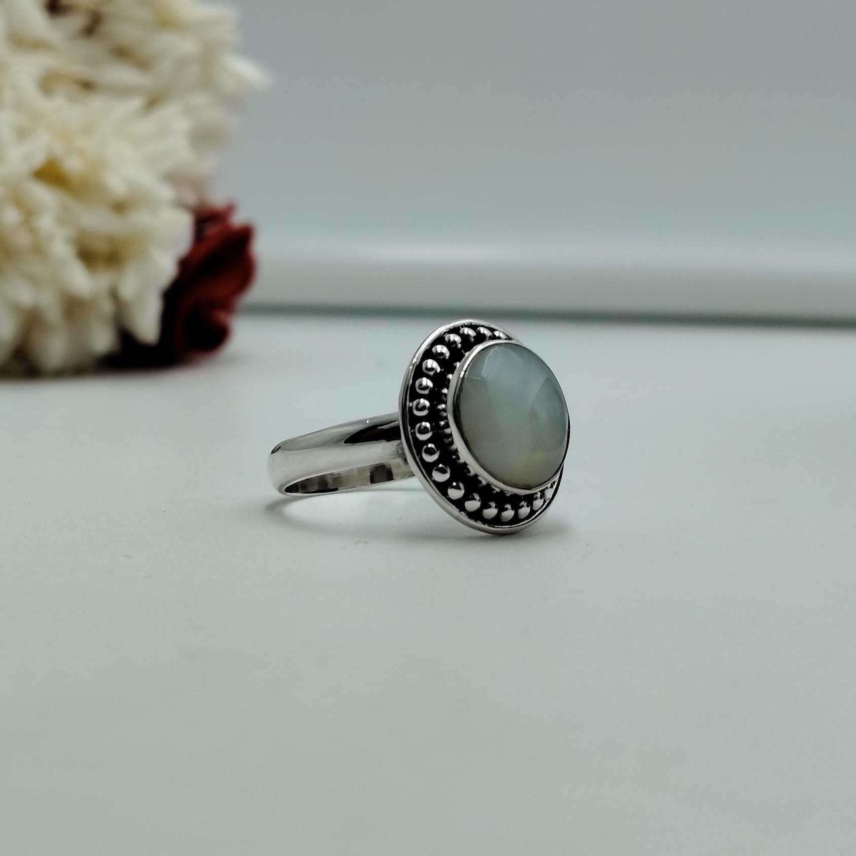 Oxidized Sterling Silver Mother of Pearl Ring: Handmade Vintage
