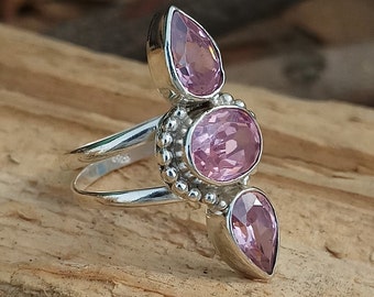 Sterlingzilveren ring met roze zirkoon: handgemaakte antieke statementring