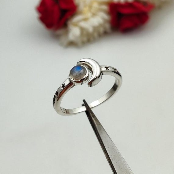 Sterling Silver Moonstone Crescent Moon Ring: Celestial Star Jewelry