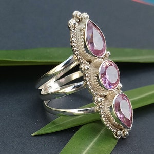 Natural Pink Cubic Zirconia Handmade Silver Ring For Her, 925 Sterling Silver Vintage Handmade Ring, Three Stone Antique Anniversary Ring