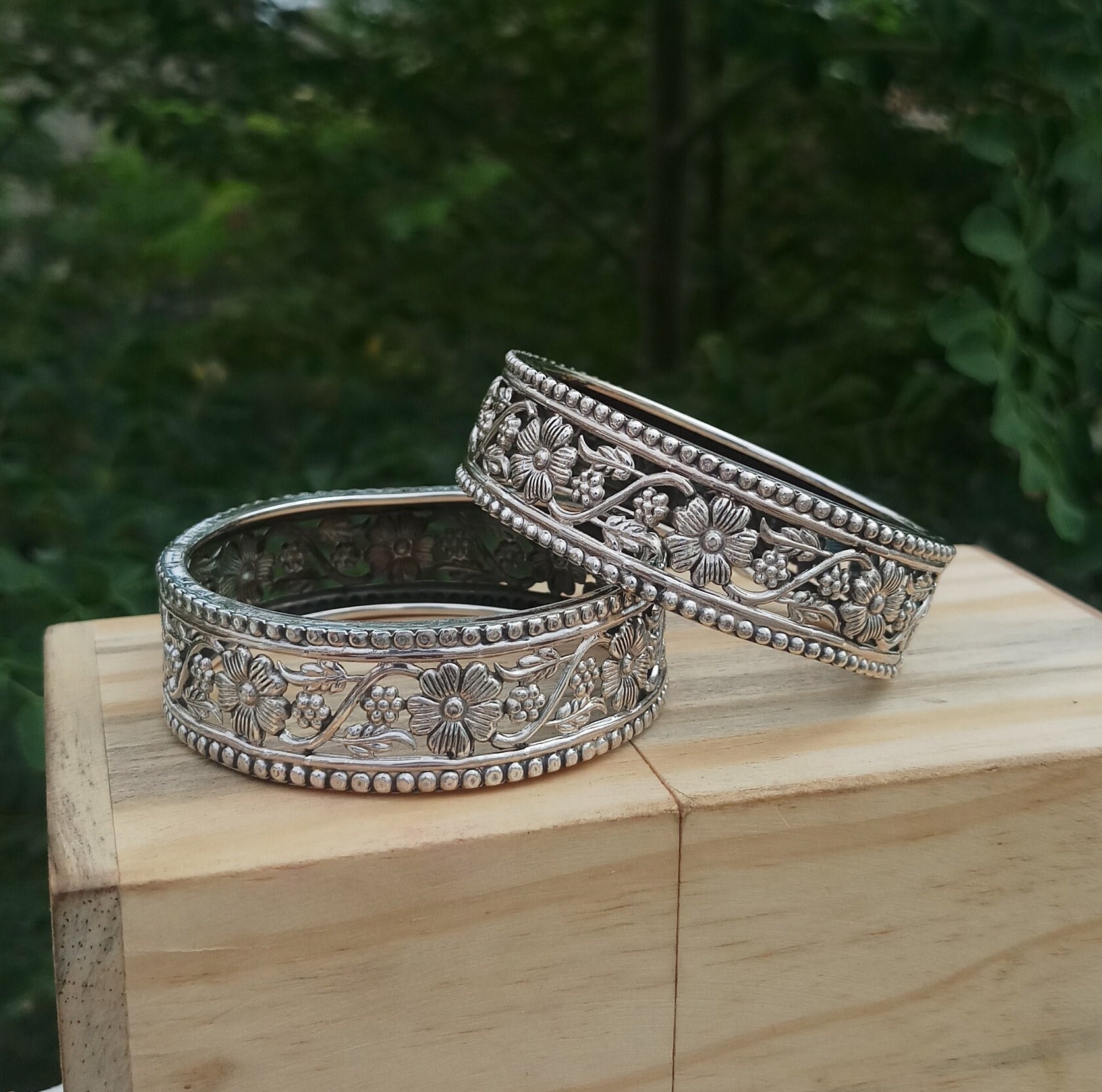 Vintage Sterling Silver Floral Bangles: Oxidized Victorian Choker