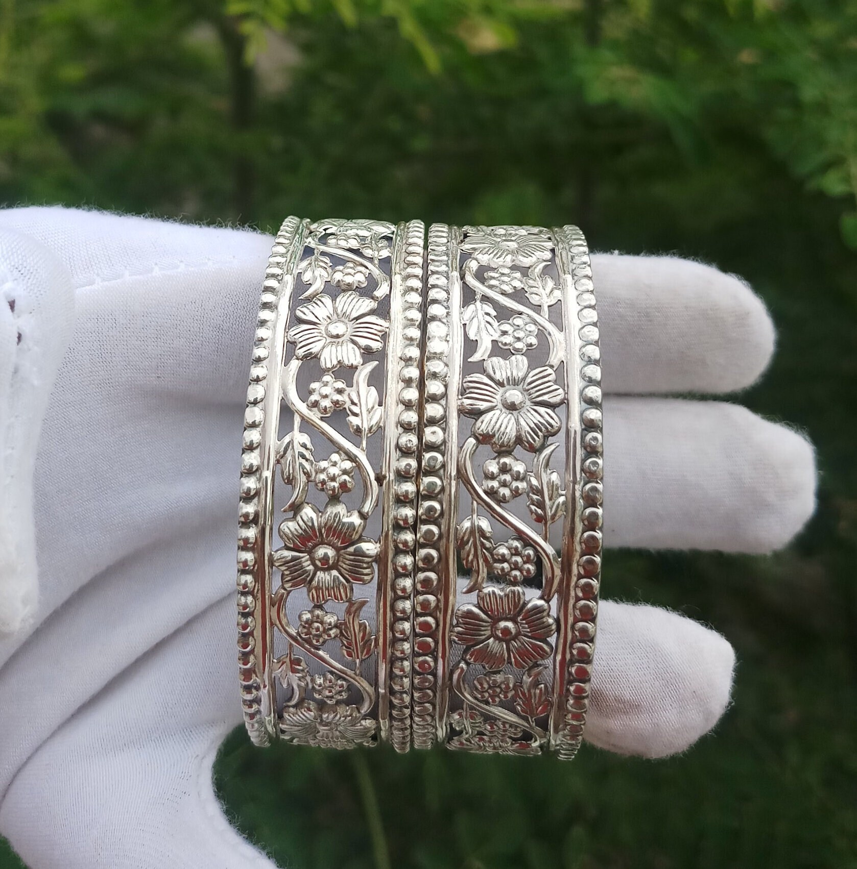 Vintage Sterling Silver Floral Bangles: Oxidized Victorian Choker