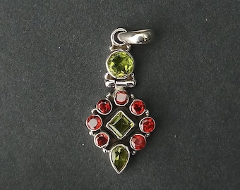 Natural Peridot/Garnet Handmade Vintage Multi Stone Pendants For Her, 925 Sterling Silver Antique Locket Pendant, Oxidized Silver Necklaces