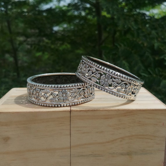Vintage Sterling Silver Floral Bangles: Oxidized Victorian Choker