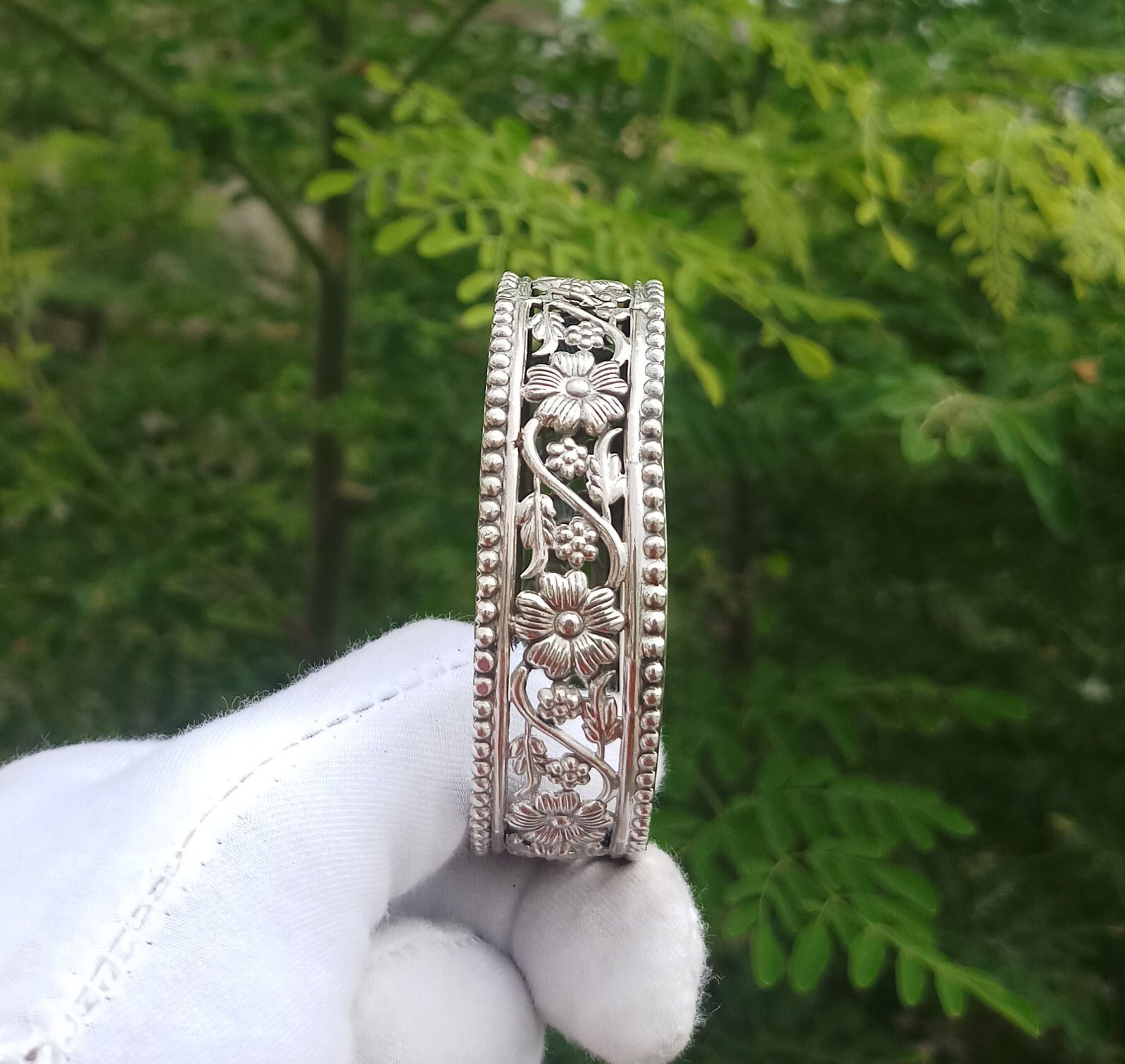Vintage Sterling Silver Floral Bangles: Oxidized Victorian Choker