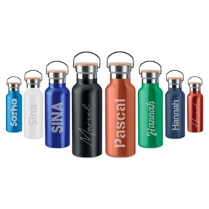 Drinking bottle with bamboo lid including engraving, personalized thermos flask made of stainless steel