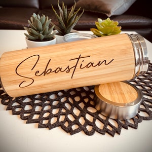 Tea bottle thermos bottle bamboo with sieve including engraving, personalizable drinking bottle double-walled and shatter-proof