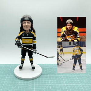 Puede incluir: Figura de un jugador de hockey con una camiseta negra, amarilla y blanca con la palabra "Braves". La figura sostiene un palo de hockey y lleva un gorro negro. Una foto de un jugador de hockey está en el fondo.