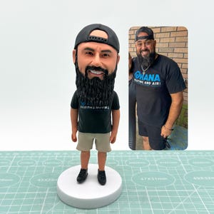 May include: A custom bobblehead figurine of a man wearing a black cap, black t-shirt, and khaki shorts. The figurine is on a white circular base. A photo of the man in a black t-shirt is next to the figurine.