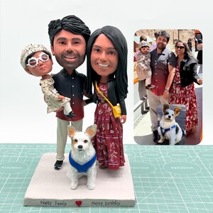 Op de afbeelding: Een gepersonaliseerd bobblehead-beeldje van een gezin, bestaande uit een man, vrouw, kind en hond. De vrouw draagt een rode jurk en een zwarte jas, de man houdt het kind vast en de hond draagt een blauw vest. De basis heeft de tekst "Happy Family" en "Happy Birthday".