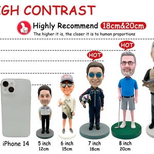 May include: A comparison of bobblehead figurines, ranging from 5 to 9 inches tall, next to an iPhone 14. The figurines depict various people, including a fisherman, a golfer, and a person in a racing suit. The image includes text that says "HIGH CONTRAST".