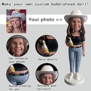 May include: A custom bobblehead doll of a person wearing a white hat, black top, and blue jeans, holding a bottle. The doll is on a white base. The image includes text: "Make your own custom bobblehead doll!" and "Your photo =>".