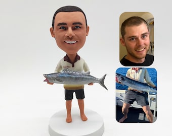 Muñeco cabezón personalizado de experto en pesca, muñeco cabezón de pescador, esculturas de pescador, recuerdo/premio exclusivo de pescador personalizado, regalos de pescador