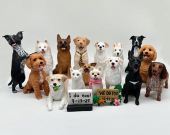 Topo de bolo de casamento personalizado com tema de cachorros, Topo de bolo de casamento personalizado com vários cães/gatos de diferentes raças, estatuetas de cães/gatos para presente.