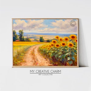 Sunflower Field Oil Paint Print | Country Home Decor | Digital Instant Printable Art