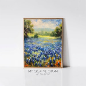 Blue Bonnet Field Oil Painting Print | Wystrój domu | Natychmiastowa cyfrowa sztuka do druku