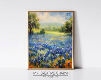 May include: A painting of a field of bluebonnet flowers in bloom. The flowers are in the foreground, with a green field and trees in the background. The sky is blue with white clouds.