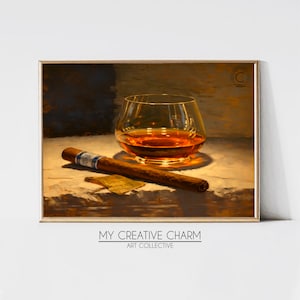 Cigar and Whiskey Oil Painting Print | Home Lounge Decor | Instant Digital Printable Art