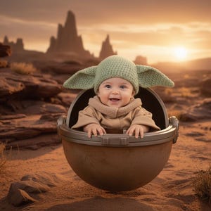 Może przedstawiać: Uśmiechnięte dziecko w zielonej dzianinowej czapce z dużymi uszami i beżowym stroju, siedzące w brązowym nosidełku w kształcie kapsuły. Tło przedstawia pustynny krajobraz z formacjami skalnymi i zachodem słońca.