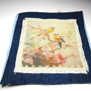 Boho Upcycled Denim and Fabric Patch Bird Patch Blue Jean Patch Jacket Patch Clothing Patch Streetwear Patch Raw Edge Applique 4.5&quot; x 4.5&quot;