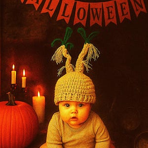 May include: A baby wearing a crocheted hat with green and yellow details, resembling a mandrake plant, sits in front of a Halloween banner. An orange pumpkin and lit candles are in the background, creating a festive autumn scene.