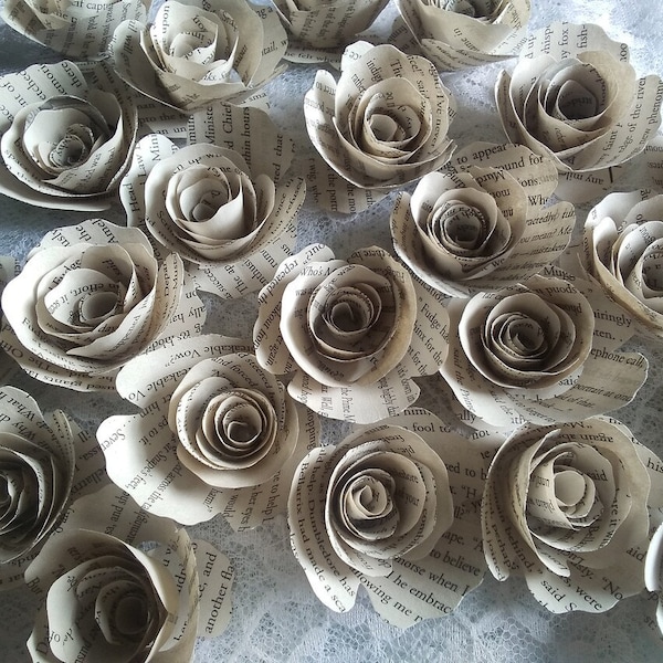 2 Dozen Book Page Flowers 24 Paper Roses No Stems Alice in Wonderland Pride & Prejudice Hobbits and Wizards